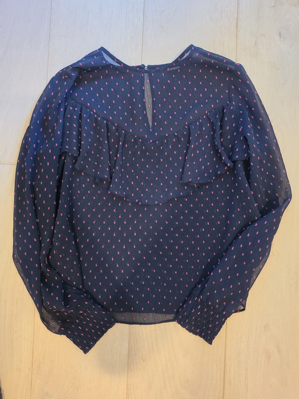 Express Navy Blouse with Pink Dot Ruffle